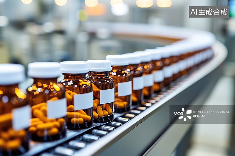 【AI数字艺术】药品生产线上的一排棕色药瓶图片素材