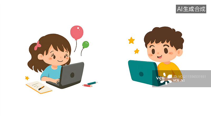 【AI数字艺术】可爱的男孩和女孩在使用笔记本电脑学习图片素材