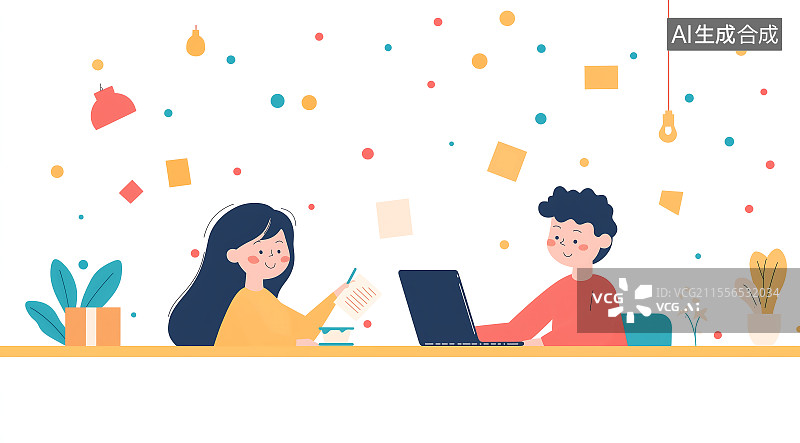 【AI数字艺术】可爱的男孩和女孩在使用笔记本电脑学习图片素材