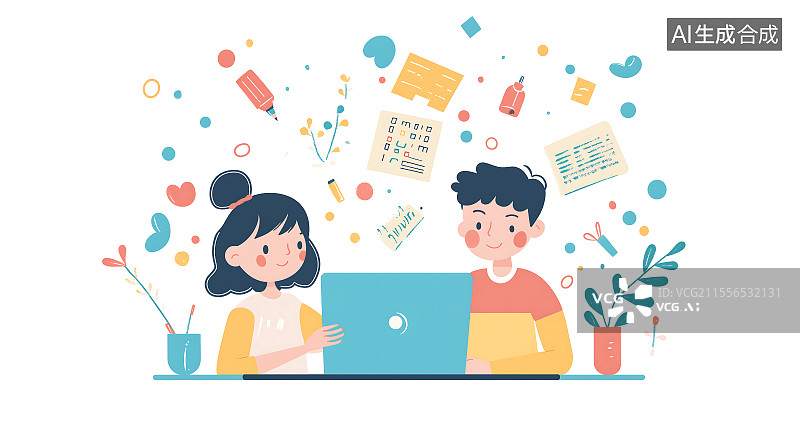 【AI数字艺术】可爱的男孩和女孩在使用笔记本电脑学习图片素材