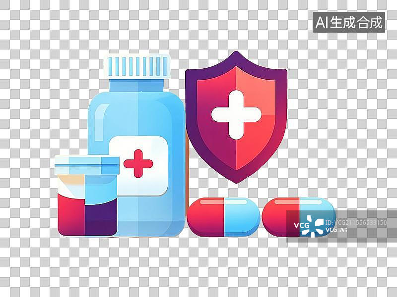 【AI数字艺术】药瓶和药丸和护盾图标图片素材