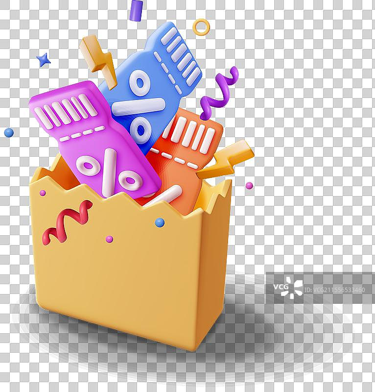 3D购物袋和带百分号的优惠券图片素材