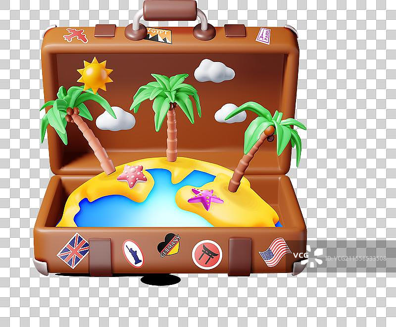 3D复古行李箱内有热带岛屿图片素材