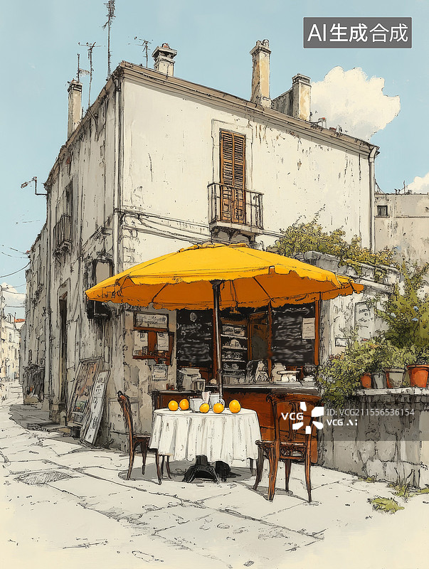 【AI数字艺术】手绘插画室外咖啡馆图片素材