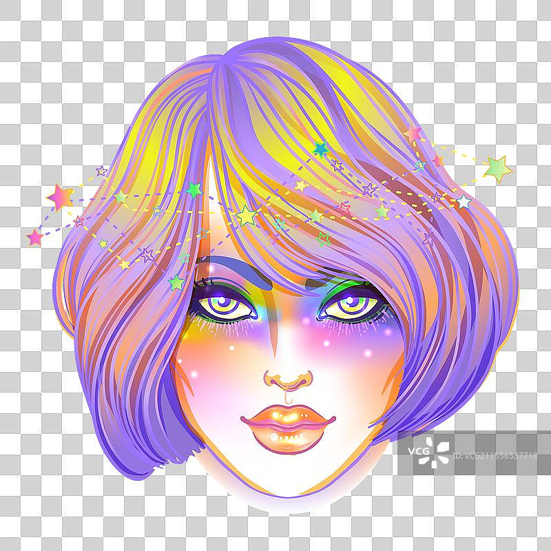 可爱的青少年女孩，化着银河妆，染成紫色。图片素材