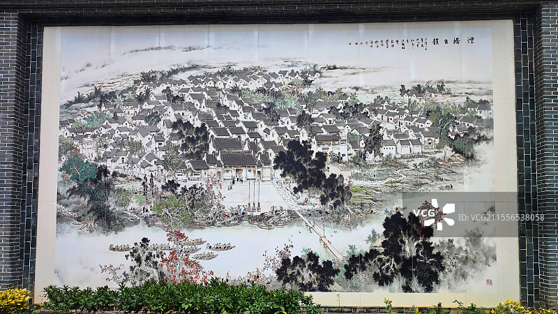 水墨壁画-烟桥古村图片素材