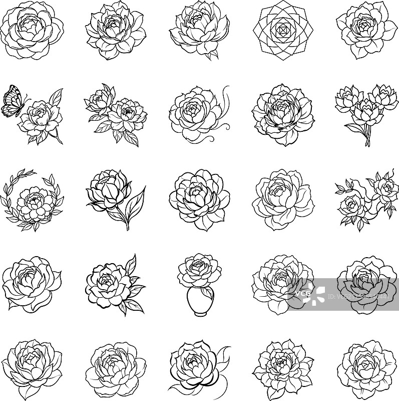 优雅的黑白玫瑰花纹身设计图片素材