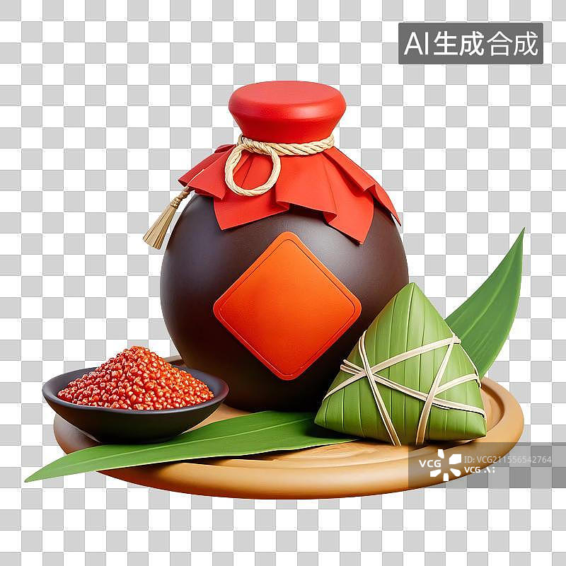 【AI数字艺术】3D渲染端午节粽子雄黄酒元素图片素材