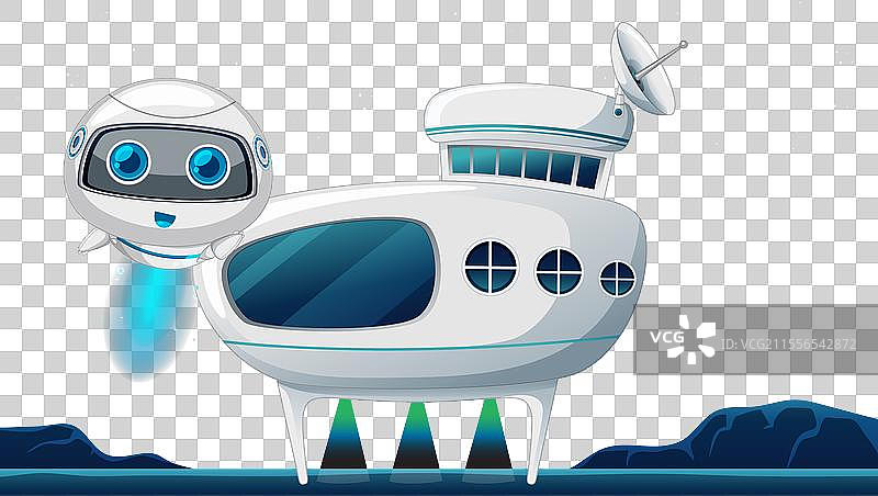 可爱的机器人在星空下的飞船旁边图片素材