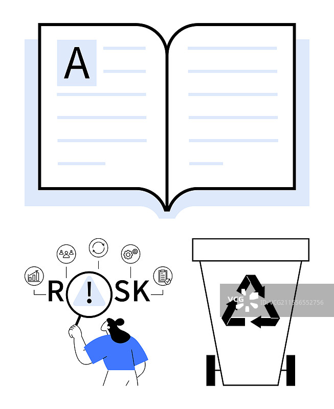 打开的书籍，书中有文字，人物正在分析风险和图片素材