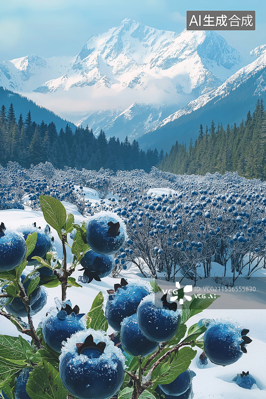 【AI数字艺术】雪山下的冰霜蓝莓浆果图片素材