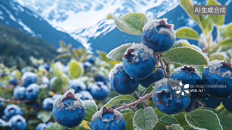 【AI数字艺术】雪山下的冰霜蓝莓浆果图片素材