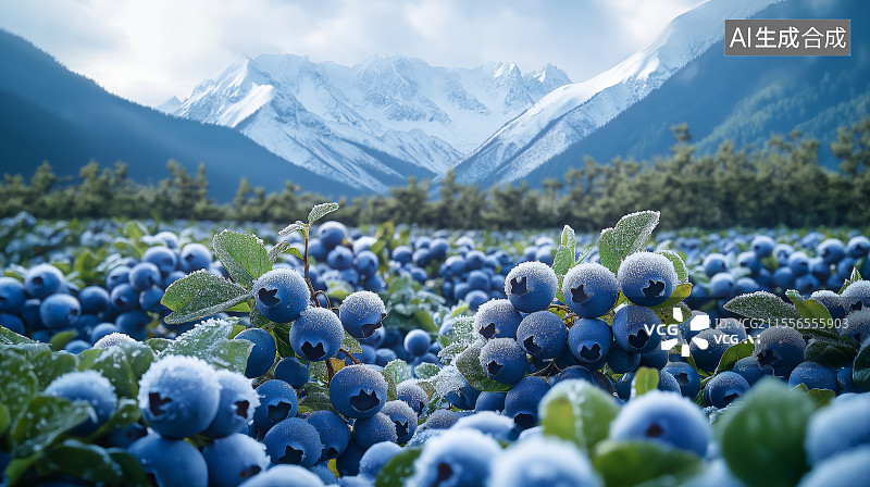 【AI数字艺术】雪山下的冰霜蓝莓浆果图片素材