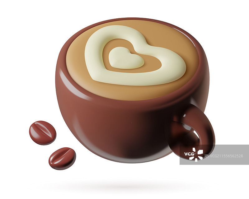 可爱的卡布奇诺杯3D图标，上面有奶油心形拉花图片素材