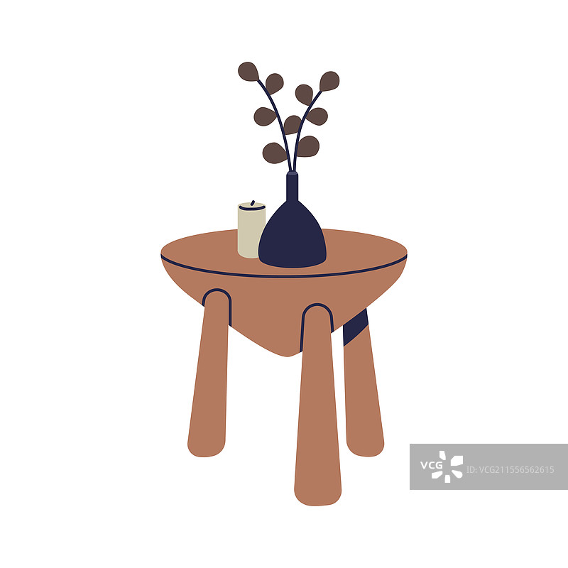 木质咖啡桌上摆放着花瓶和蜡烛图片素材