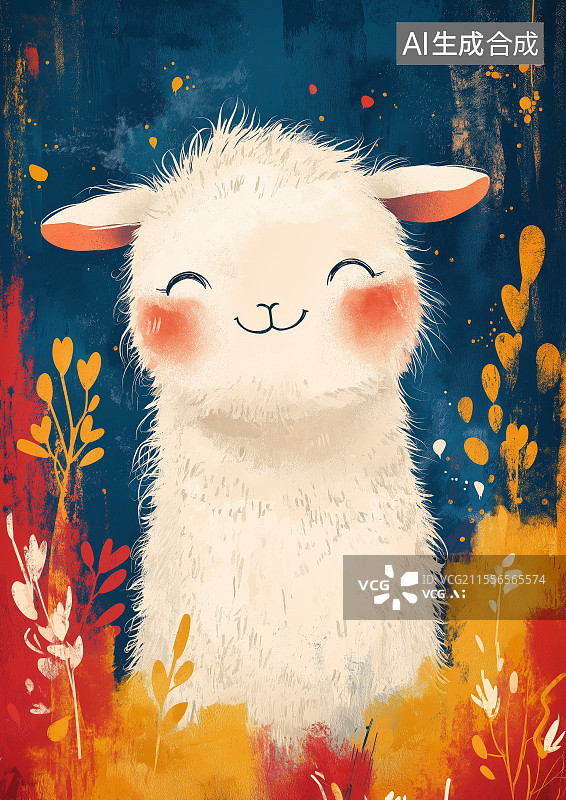 【AI数字艺术】快乐的小羊驼与彩点卡通插画背景图片素材