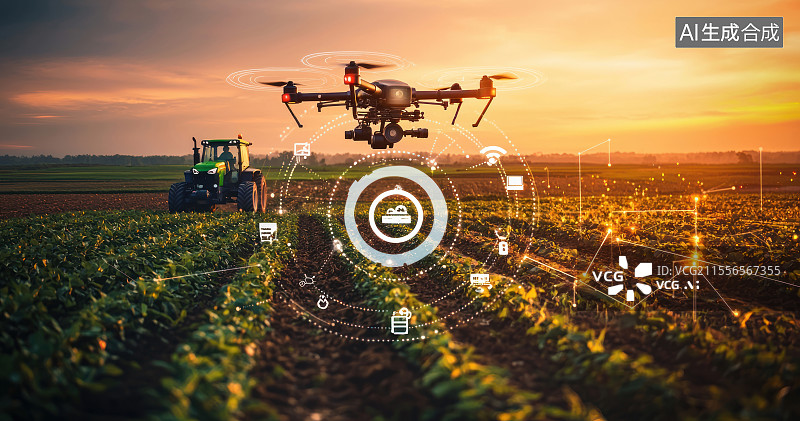 【AI数字艺术】农田中的无人机与拖拉机图片素材