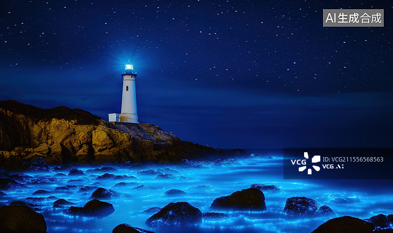 【AI数字艺术】一片夜晚的海滩，海水呈现出神秘的蓝色荧光，岩石在水中若隐若现。图片素材