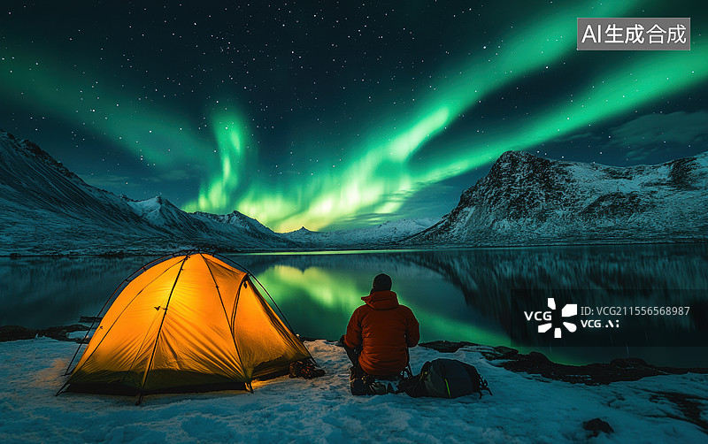 【AI数字艺术】一位独自坐在雪地上的旅行者，旁边是一个温暖发光的帐篷。背景是壮丽的北极光.图片素材