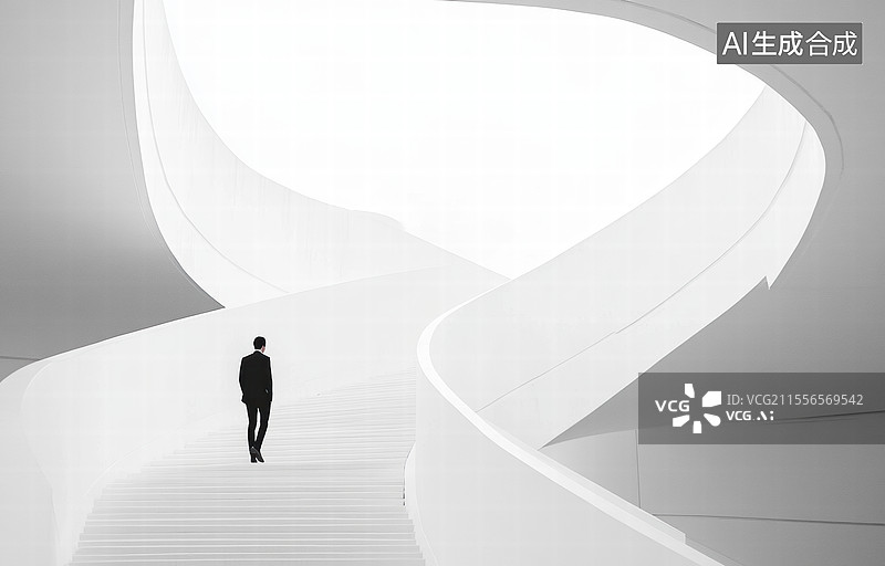 【AI数字艺术】一位孤独的行人走在弯曲的楼梯上，背景是简洁的白色建筑结构。整体画面采用了黑白对比，强调了线条和几何.图片素材