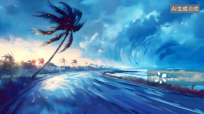 【AI数字艺术】AIGC：台风，暴风雨，极端天气，热带海岸线，插图插画图片素材