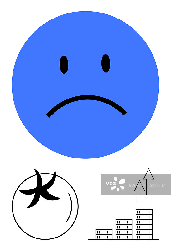 蓝色悲伤面孔情绪与向上趋势箭头和番茄图片素材