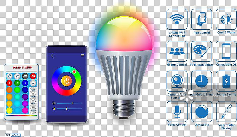 一组逼真的智能WiFi LED灯泡模型EPS图片素材