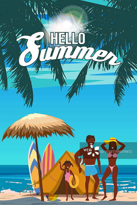 度假海滩上快乐家庭的海报图片素材