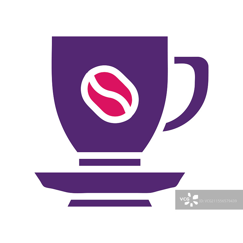 一个紫色的杯子，上面有咖啡豆图标，放在一个茶托上图片素材