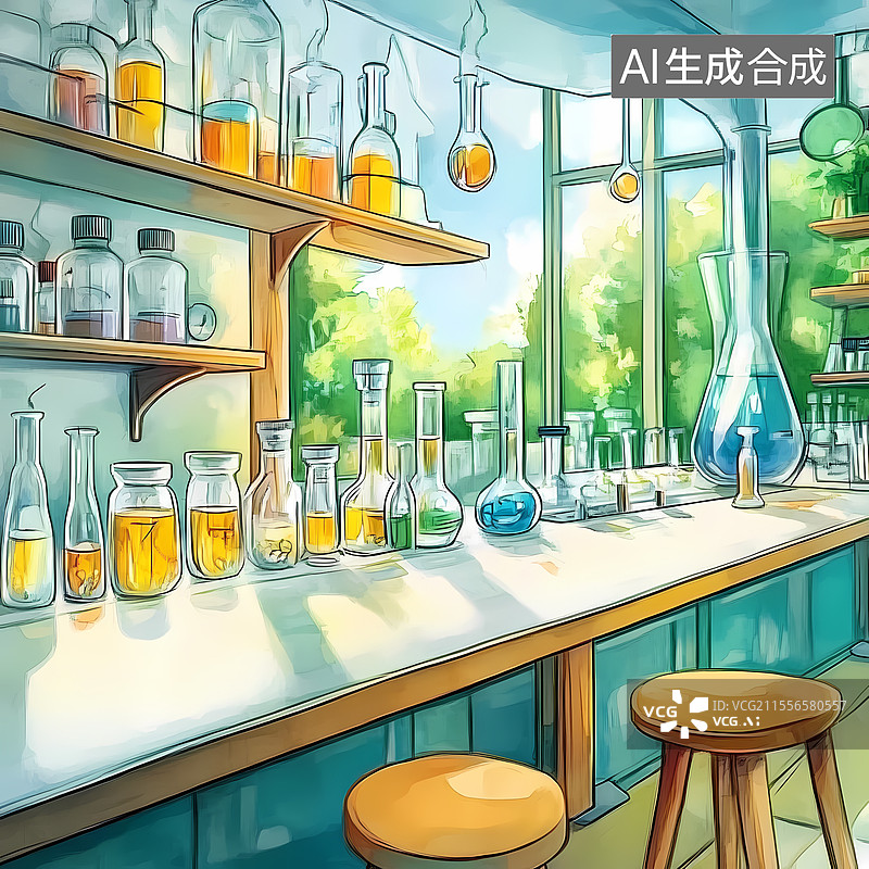 【AI数字艺术】卡通漫画风格科技实验室科研背景图片素材