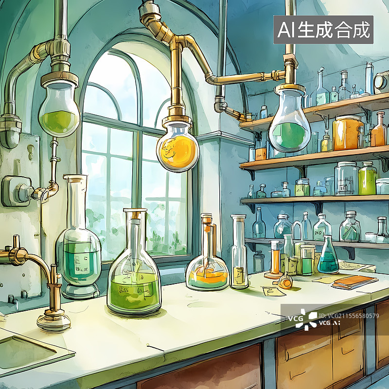 【AI数字艺术】卡通漫画风格科技实验室科研背景图片素材