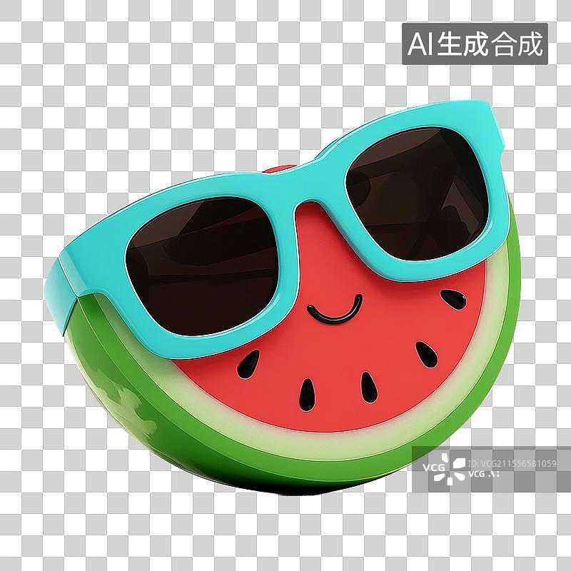 【AI数字艺术】3D渲染水果元素，戴墨镜的卡通西瓜，夏天免抠元素图片素材