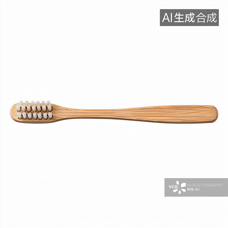 【AI数字艺术】一把木制牙刷放置在白色背景上，周围有绿叶，象征着环保和健康生活，倡导自然护理和可持续的日常卫生习惯。图片素材