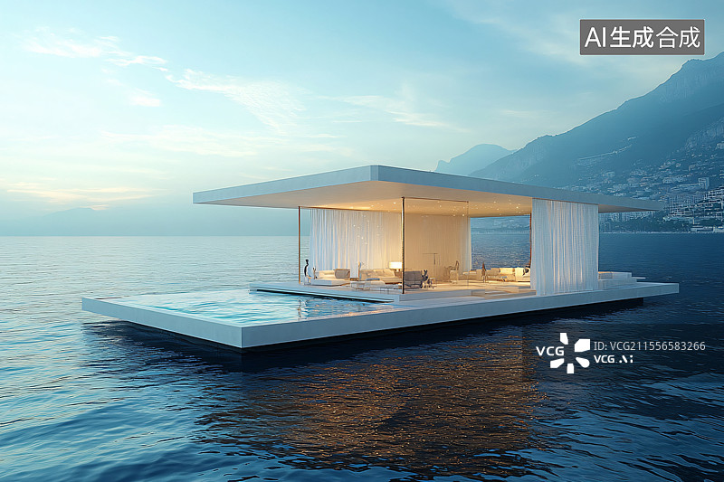 【AI数字艺术】一座豪华的海上别墅，俯瞰海洋，提供令人惊叹的景色，完美融合了舒适与自然，代表着理想的海滨生活体验。图片素材