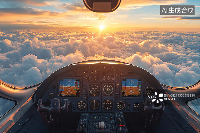 【AI数字艺术】一架飞机的驾驶舱，前景中是控制面板，窗外可见云朵，展示了飞行和航空技术的激动人心与动态体验。图片素材