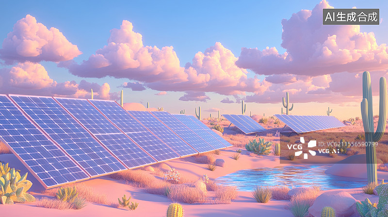 【AI数字艺术】3D卡通渲染沙漠仙人掌和太阳能板环境保护图片素材