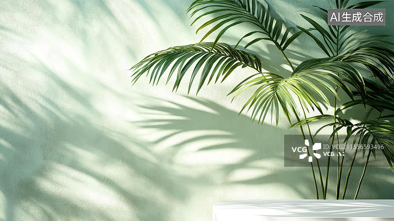 【AI数字艺术】浅绿色墙面上的棕榈叶图片素材