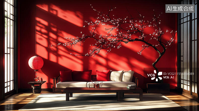 【AI数字艺术】中式风格红色客厅设计图片素材