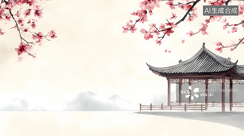 【AI数字艺术】水墨画古亭两侧图片素材