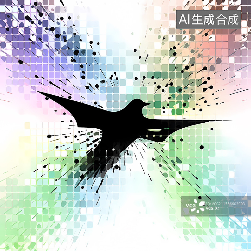【AI数字艺术】彩格背景下展翅飞翔的黑鸟图片素材