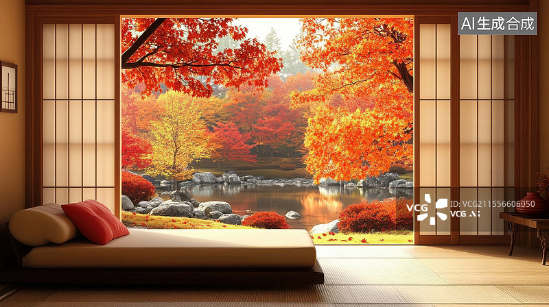 【AI数字艺术】秋日红叶辉映下的禅意日式客厅图片素材