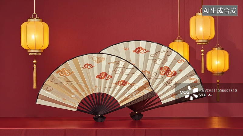 【AI数字艺术】传统中国风新年主题红色背景——中国扇与灯笼图片素材