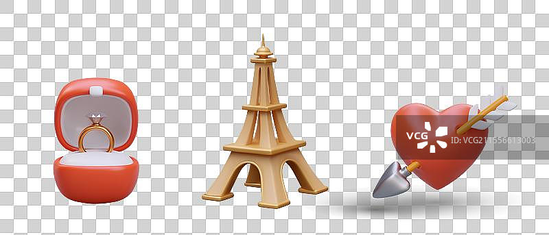 红色盒子里有一枚钻戒，埃菲尔铁塔和心形图案图片素材