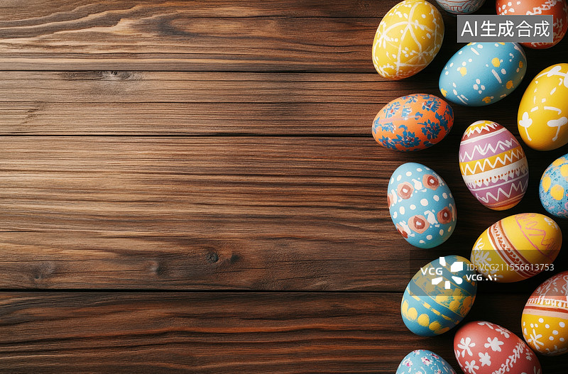【AI数字艺术】由木制桌面上的复活节彩蛋组成的框架构图图片素材
