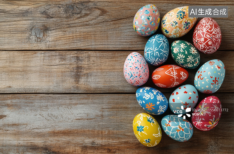 【AI数字艺术】由木制桌面上的复活节彩蛋组成的框架构图图片素材