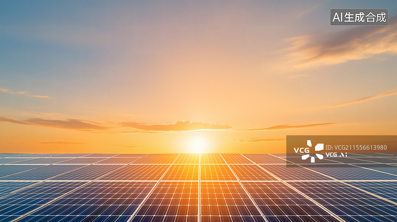 【AI数字艺术】日落时分的太阳能电池板图片素材