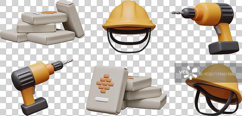 一堆水泥袋，黄色安全帽，无线工具图片素材