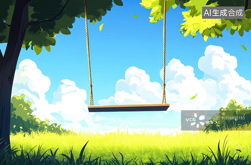 【AI数字艺术】夏天晴朗天气下户外儿童节快乐玩耍荡秋千图片素材