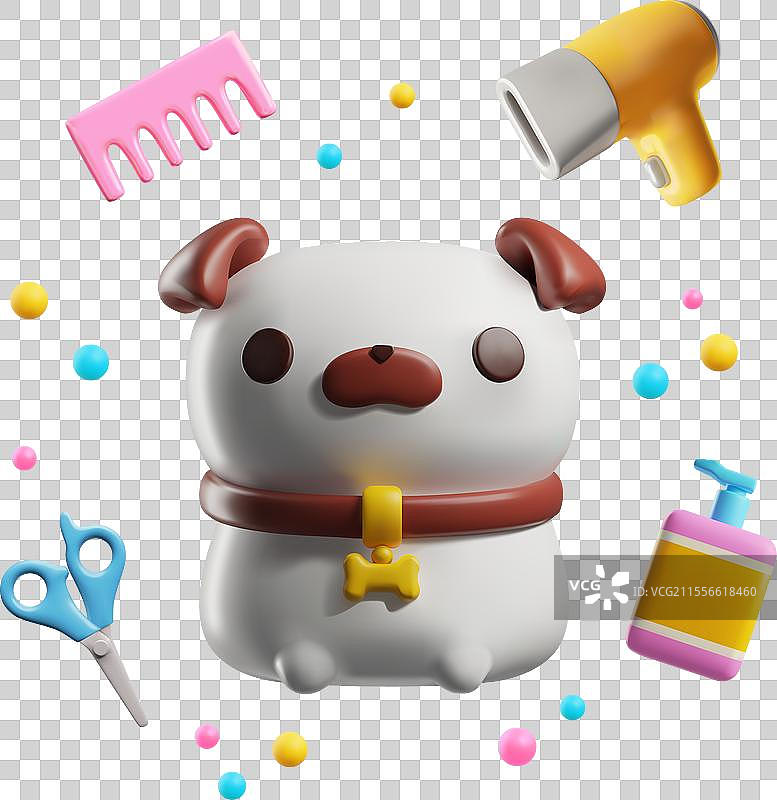可爱的狗狗与美容工具 3D图片素材