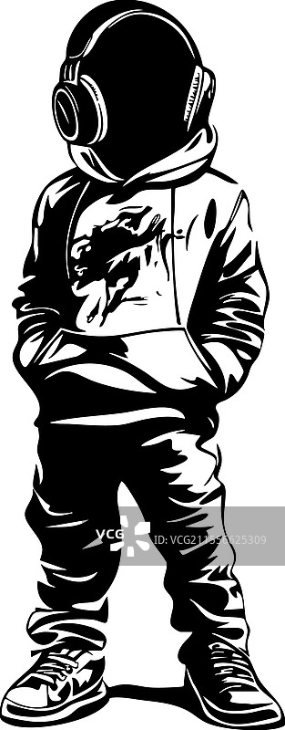 酷炫的年轻男孩戴着连帽衫、帽子和耳机图片素材